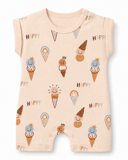 PixyBoo Happy Ice Cream Print Baby Romper | Cotton Interlock Onesie | 0-12 Months