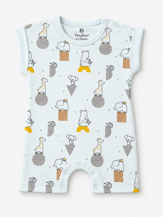 PixyBoo Blue Animal Print Baby Romper | 100% Cotton Interlock | Soft Onesie | 0-12 Months