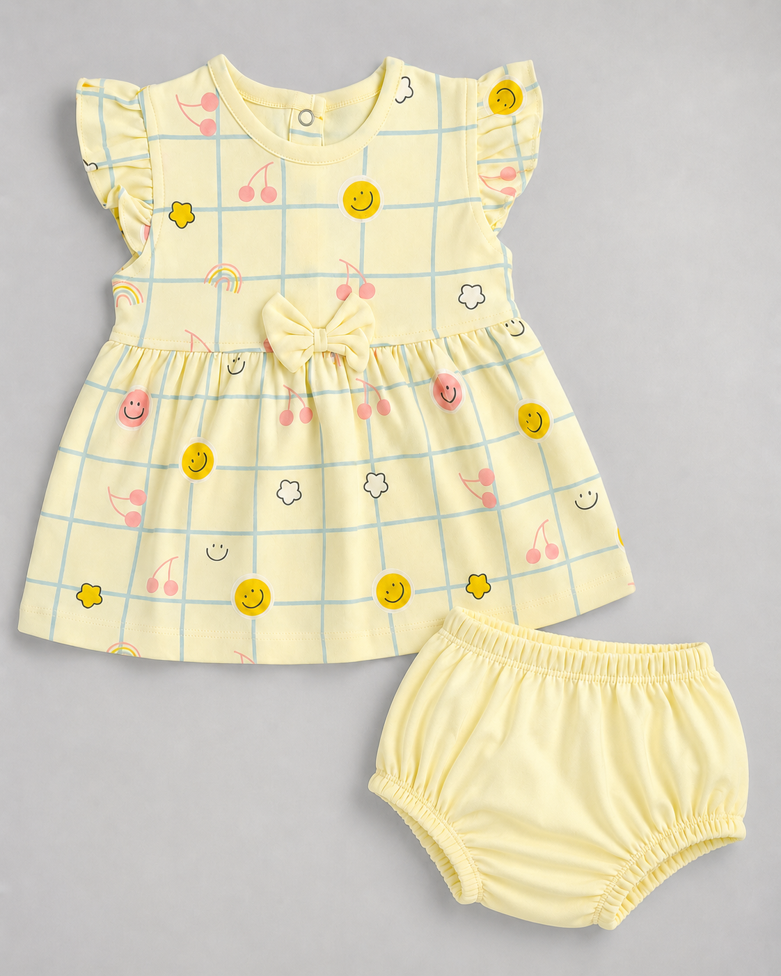 PixyBoo Smiley Grid Print Baby Girls Frock with Bloomer Set | 100% Cotton Interlock | 0-24 Months