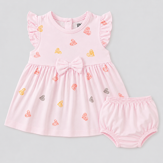 PixyBoo Heart Print Baby Girls Frock with Bloomer Set | 100% Cotton Interlock | Soft Dress | 0-24 Months