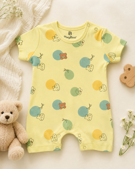 PixyBoo Balloon Print Baby Romper | 100% Cotton Interlock | Half Sleeve Onesie | 0-12 Months