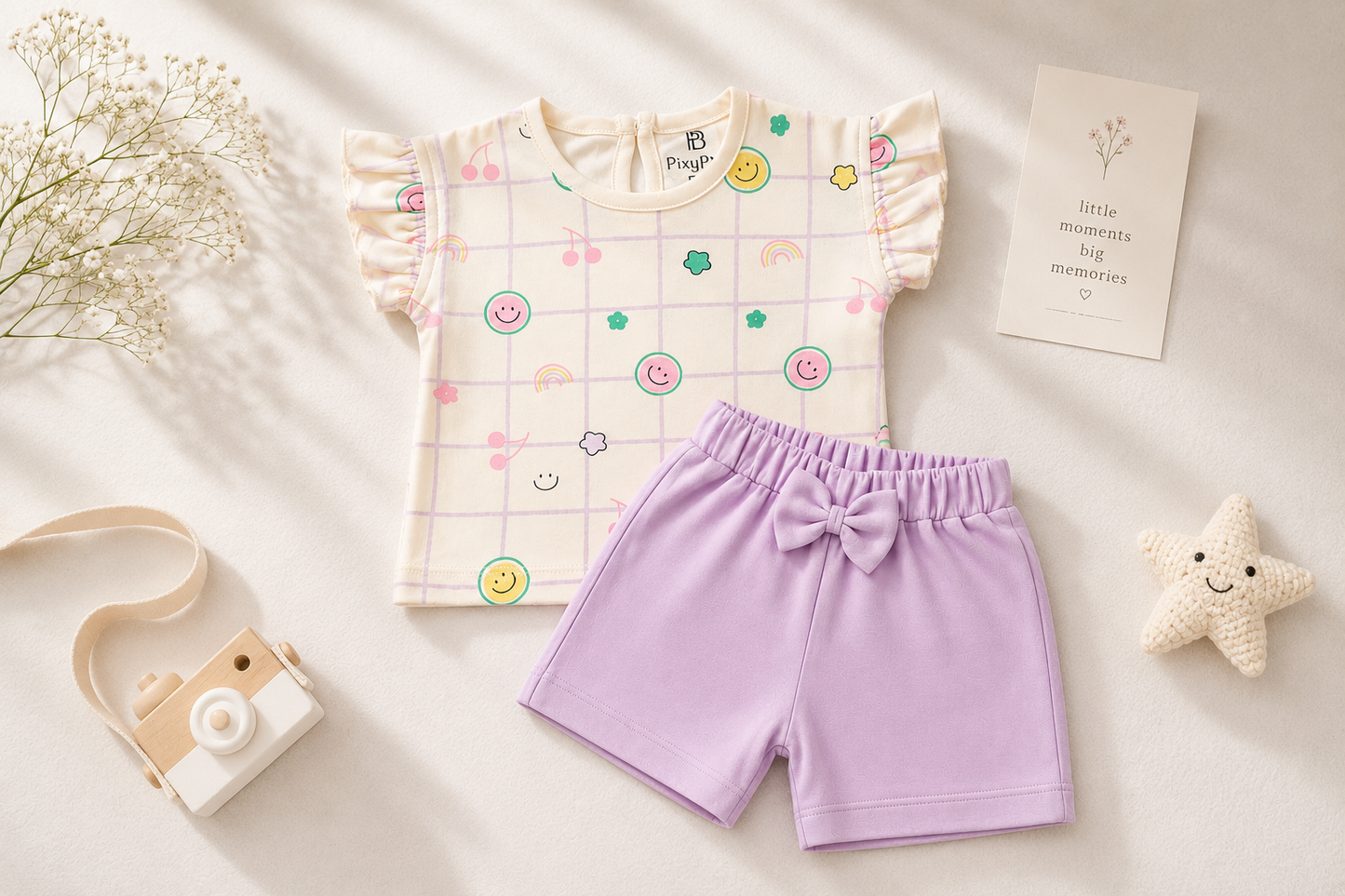 PixyBoo Smiley Grid Baby Girls Co-ord Set | Cotton Interlock Top & Shorts | 0-24 Months