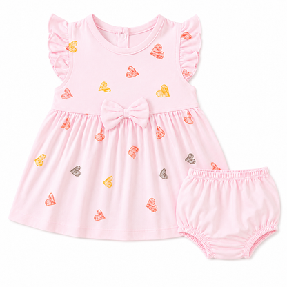 PixyBoo Heart Print Baby Girls Frock with Bloomer Set | 100% Cotton Interlock | Soft Dress | 0-24 Months