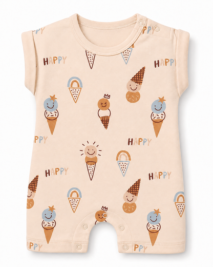 PixyBoo Happy Ice Cream Print Baby Romper | Cotton Interlock  Onesie | 0-12 Months