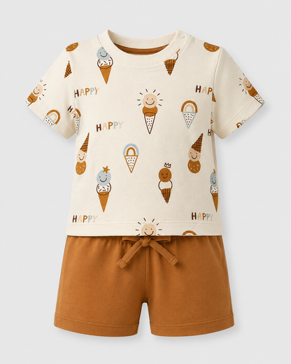 PixyBoo Happy Ice Cream Print Baby Boys Co-ord Set | 100% Cotton Interlock T-Shirt & Shorts | 0-24 Months
