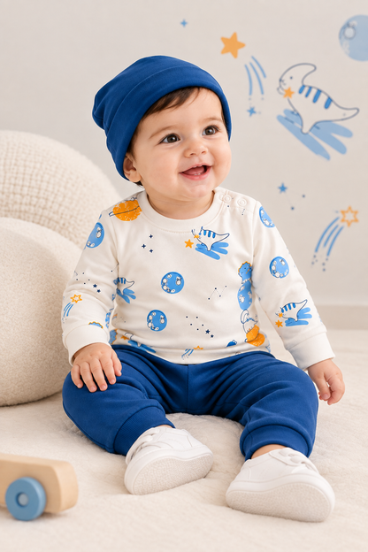 PixyBoo Baby Space Print Full Sleeve Top, Blue Pants & Cap Set – 3 Months to 2 Years