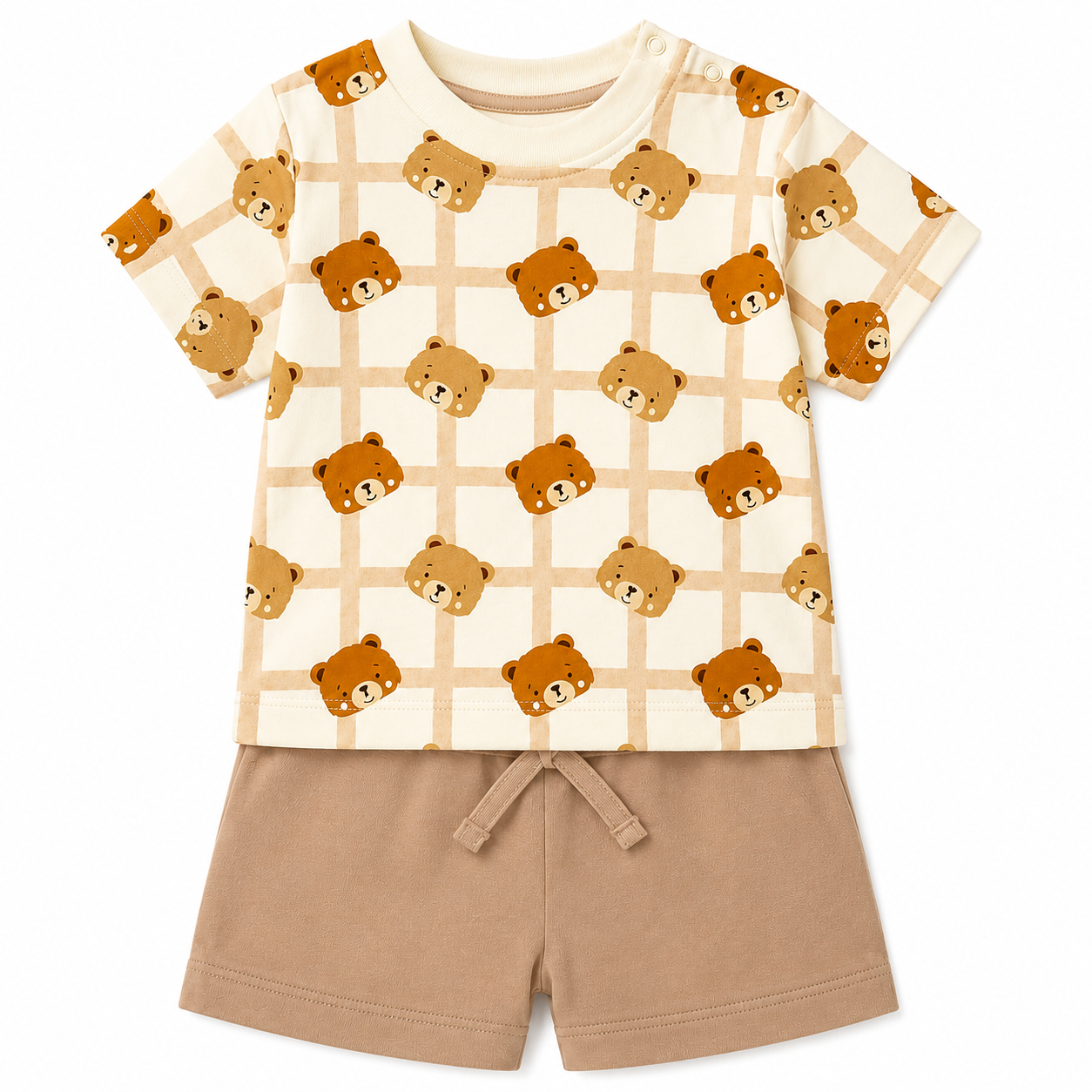 PixyBoo Teddy Bear Print Baby Boys Co-ord Set | Cotton Interlock T-Shirt & Shorts | 0-24 Months