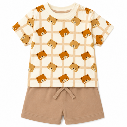 PixyBoo Teddy Bear Print Baby Boys Co-ord Set | Cotton Interlock T-Shirt & Shorts | 0-24 Months