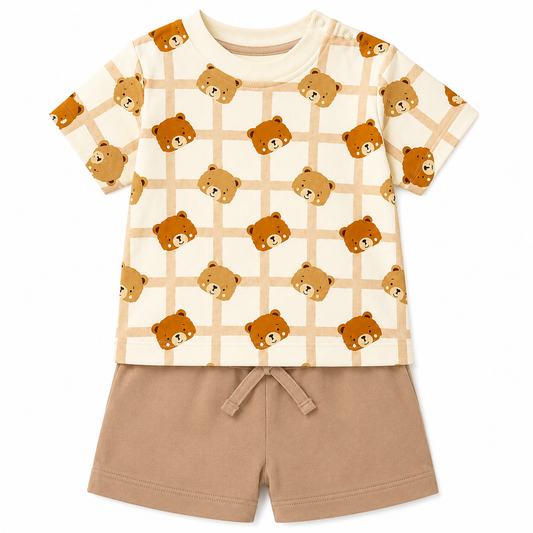 PixyBoo Teddy Bear Print Baby Boys Co-ord Set | Cotton Interlock T-Shirt & Shorts | 0-24 Months
