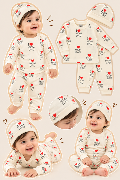 PixyBoo Baby I Love Mom Dad Heart Print Top, Pants & Cap Set – 3 Months to 2 Years