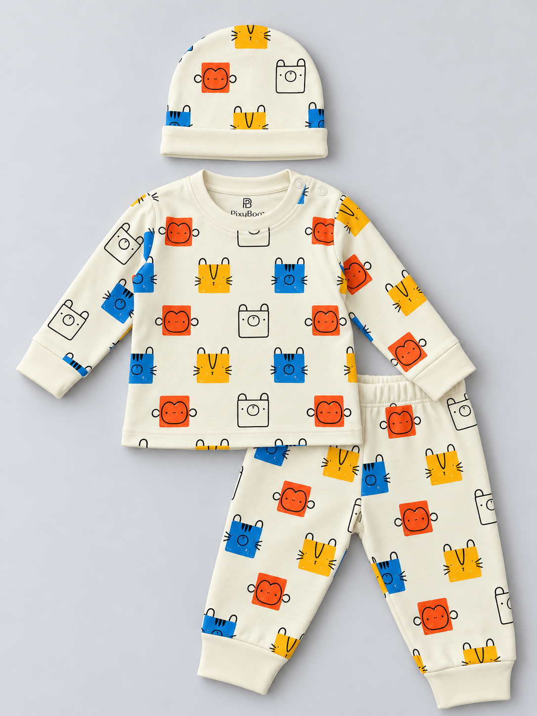 PixyBoo Baby Animal Print Full Sleeve Top, Pants & Cap Set – 3 Months to 2 Years