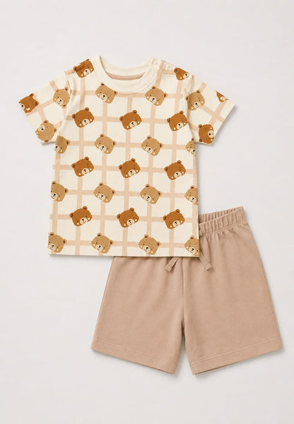 PixyBoo Teddy Bear Print Baby Boys Co-ord Set | Cotton Interlock T-Shirt & Shorts | 0-24 Months