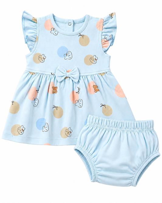 PixyBoo Balloon Print Baby Girls Frock with Bloomer Set | 100% Cotton Interlock Dress | 0-24 Months