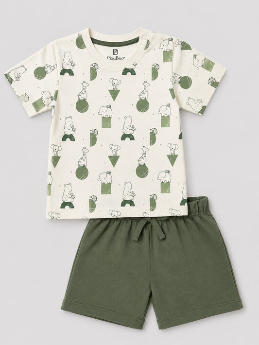 PixyBoo Olive Animal Print Baby Boys Co-ord Set | Cotton Interlock T-Shirt & Shorts | 0-24 Months