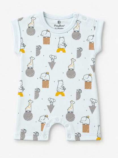 PixyBoo Blue Animal Print Baby Romper | 100% Cotton Interlock | Soft  Onesie | 0-12 Months