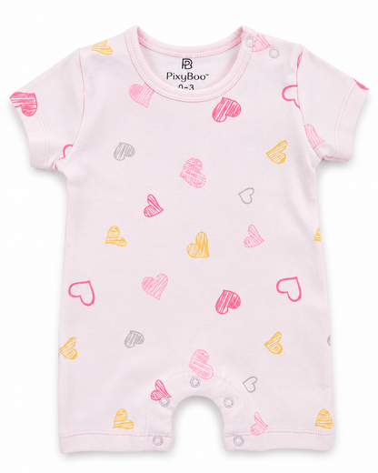 PixyBoo Heart Print Baby Romper | 100% Cotton Interlock | Half Sleeve Onesie | 0-12 Months