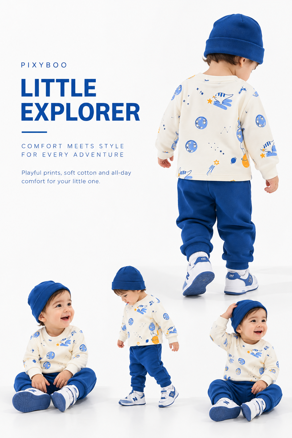 PixyBoo Baby Space Print Full Sleeve Top, Blue Pants & Cap Set – 3 Months to 2 Years