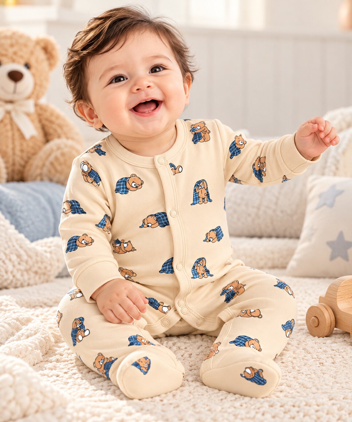 PixyBoo Cream Teddy Bear Printed Full Sleeve Footed Sleepsuit