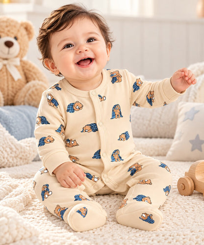 PixyBoo Cream Teddy Bear Printed Full Sleeve Footed Sleepsuit