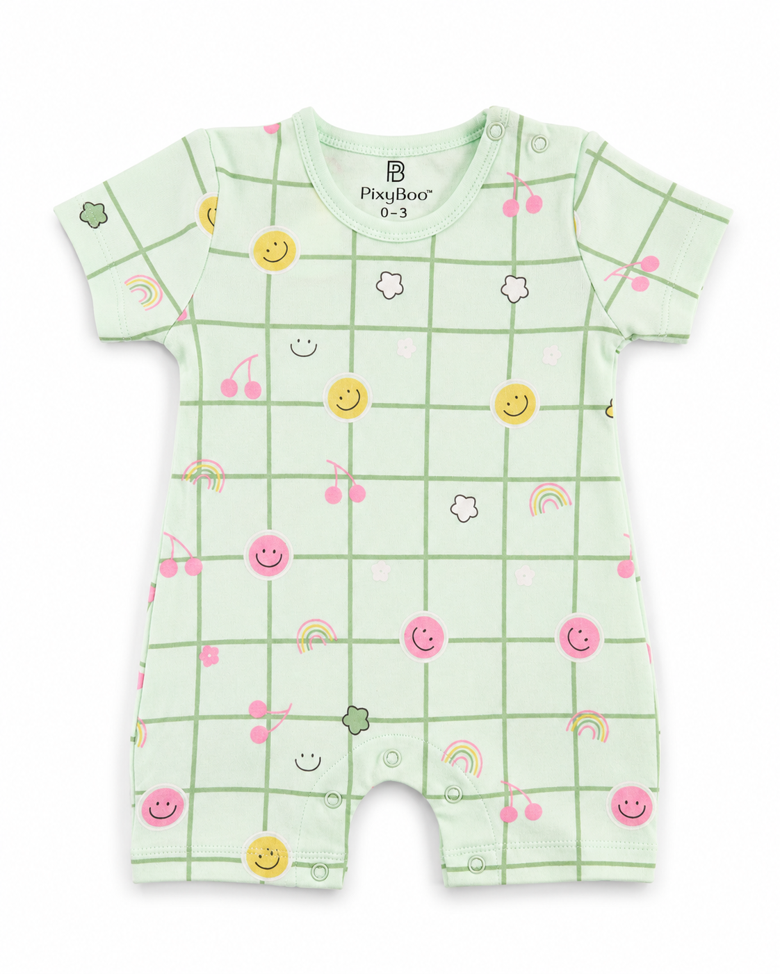 PixyBoo Smiley Grid Print Baby Romper | 100% Cotton Interlock | Half Sleeve Onesie | 0-12 Months