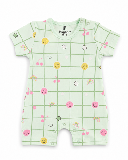 PixyBoo Smiley Grid Print Baby Romper | 100% Cotton Interlock | Half Sleeve Onesie | 0-12 Months