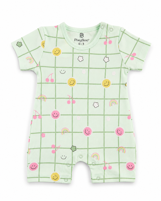 PixyBoo Smiley Grid Print Baby Romper | 100% Cotton Interlock | Half Sleeve Onesie | 0-12 Months