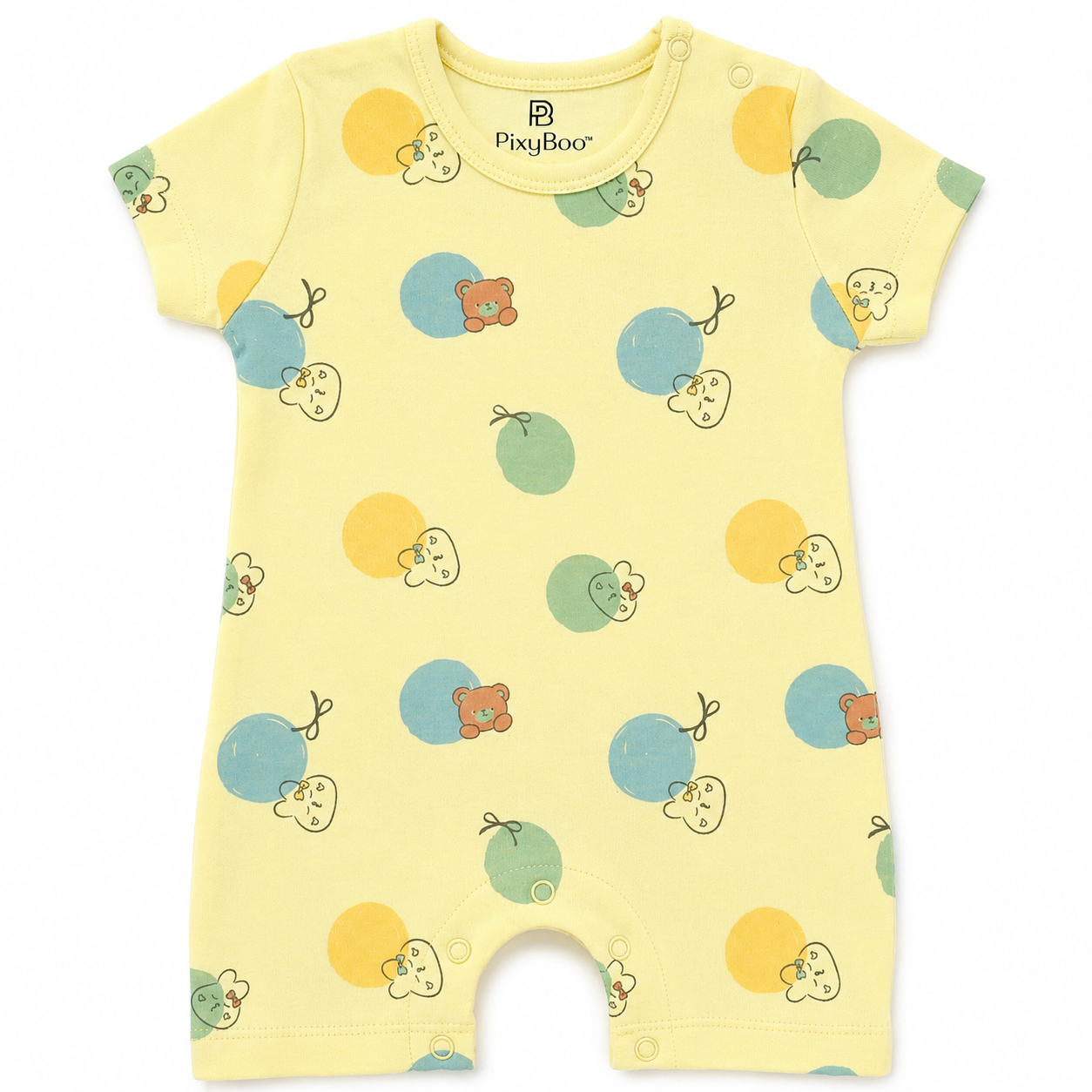 PixyBoo Balloon Print Baby Romper | 100% Cotton Interlock | Half Sleeve Onesie | 0-12 Months