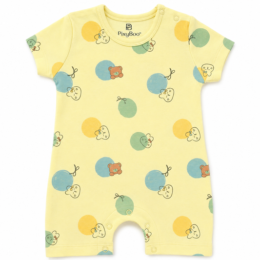 PixyBoo Balloon Print Baby Romper | 100% Cotton Interlock | Half Sleeve Onesie | 0-12 Months
