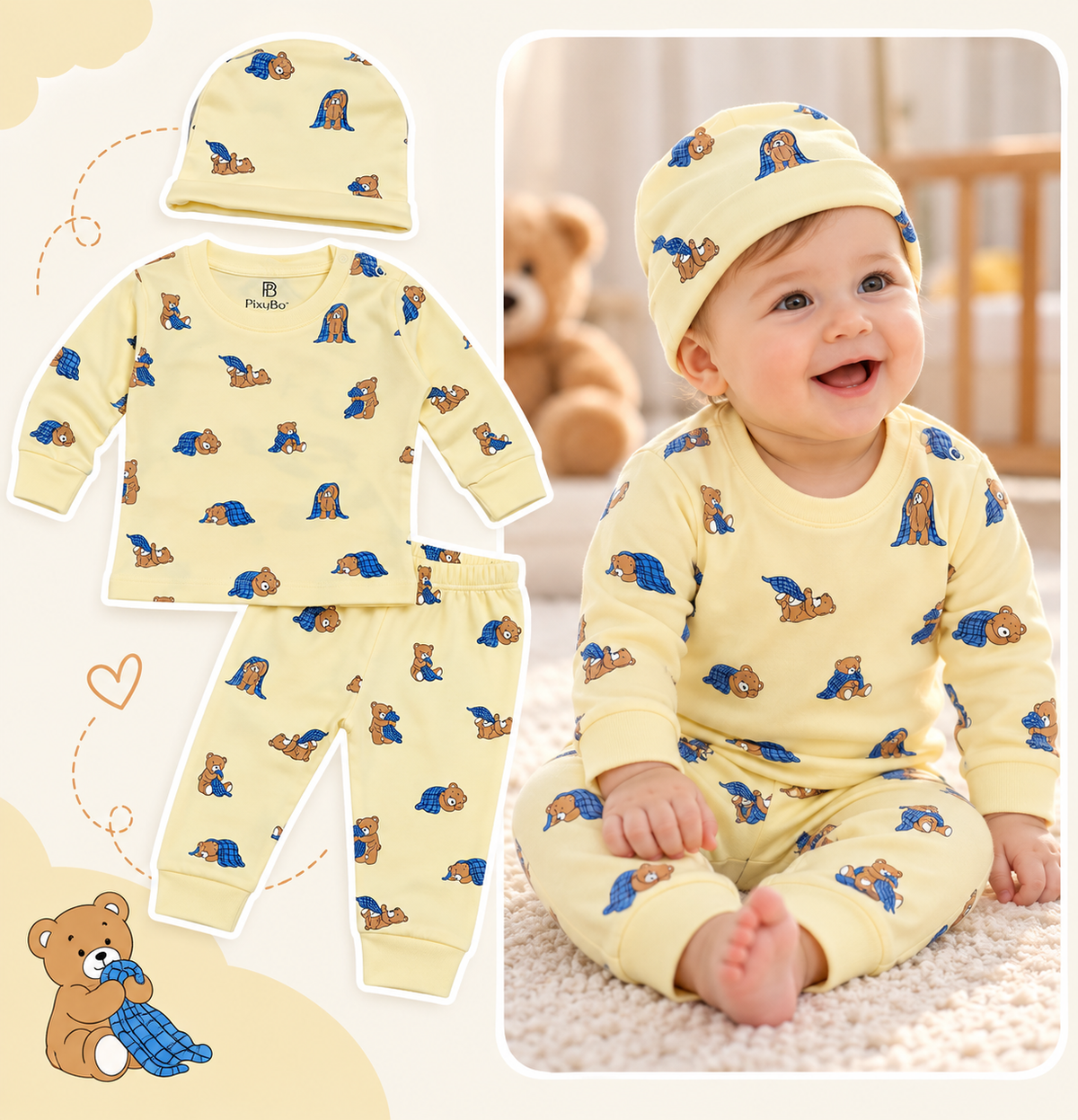 PixyBoo Baby Yellow Teddy Bear Print Full Sleeve Top, Pants & Cap Set – 3 Months to 2 Years