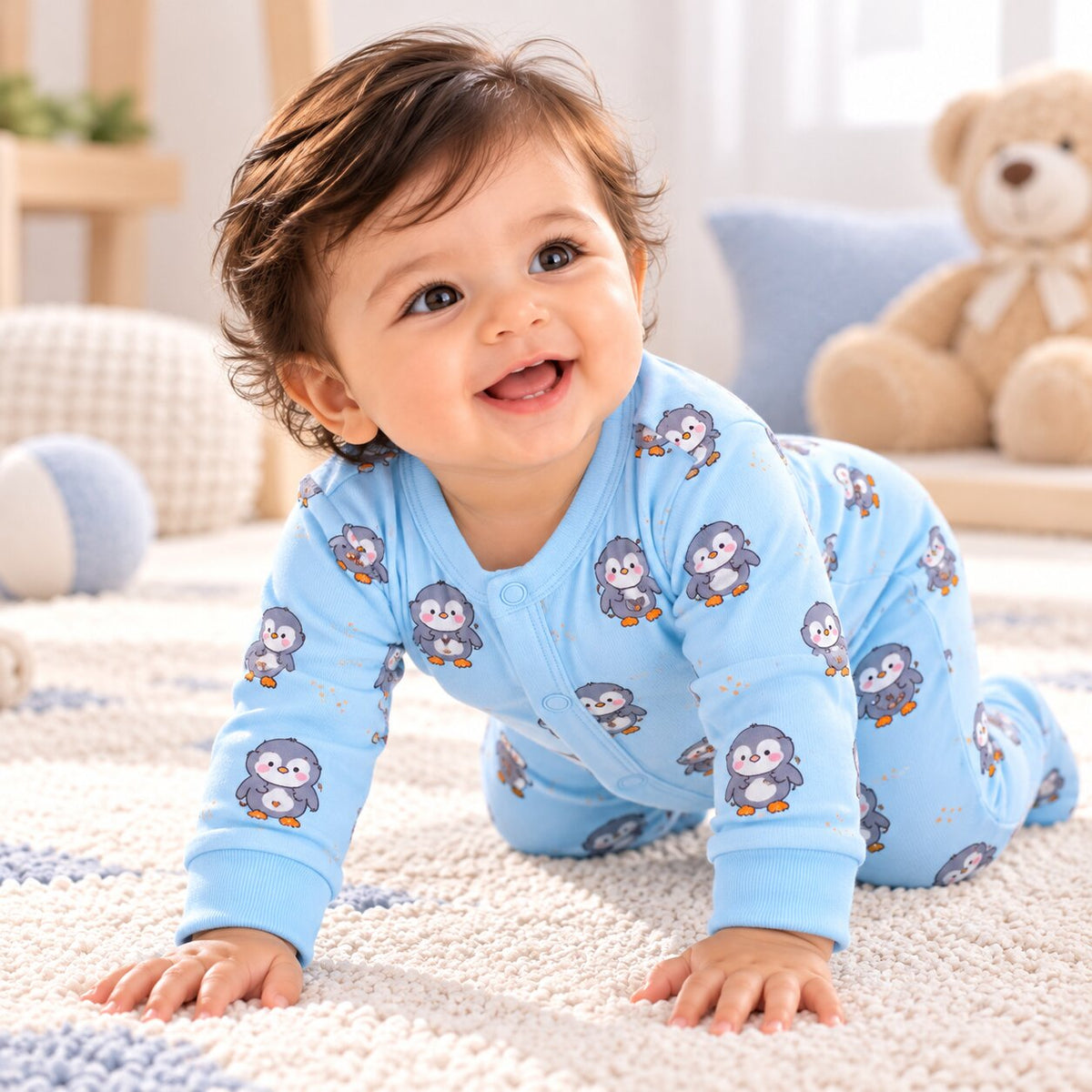 PixyBoo Powder Blue Penguin Printed Full Sleeve Footed Sleepsuit