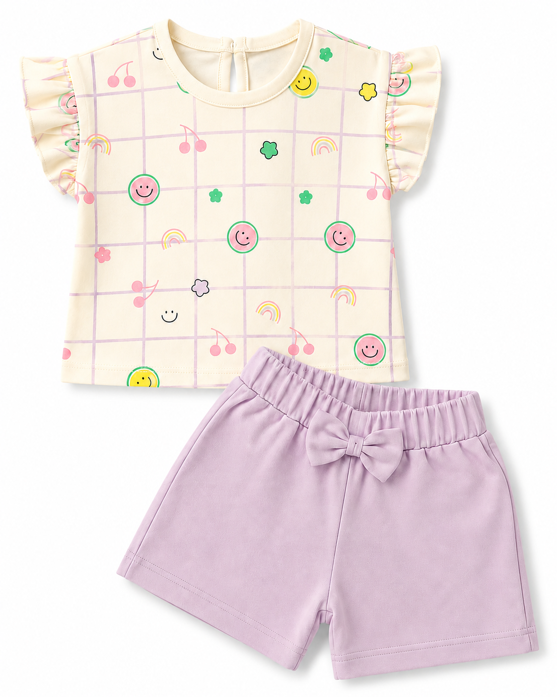 PixyBoo Smiley Grid Baby Girls Co-ord Set | Cotton Interlock Top & Shorts | 0-24 Months