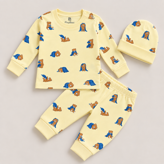 PixyBoo Baby Yellow Teddy Bear Print Full Sleeve Top, Pants & Cap Set – 3 Months to 2 Years