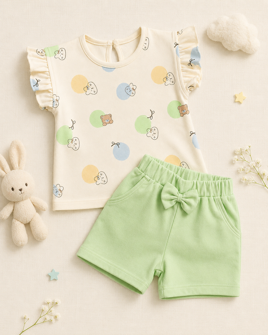 PixyBoo Balloon Print Baby Girls Co-ord Set | Cotton Interlock Top & Shorts | 0-24 Months