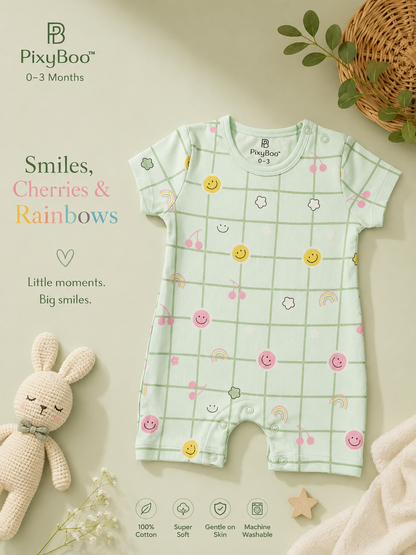 PixyBoo Smiley Grid Print Baby Romper | 100% Cotton Interlock | Half Sleeve Onesie | 0-12 Months
