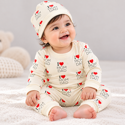 PixyBoo Baby I Love Mom Dad Heart Print Top, Pants & Cap Set – 3 Months to 2 Years