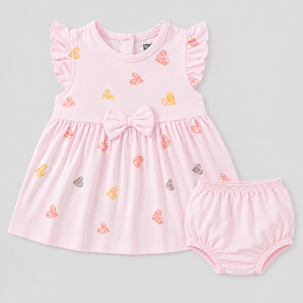PixyBoo Heart Print Baby Girls Frock with Bloomer Set | 100% Cotton Interlock | Soft Dress | 0-24 Months