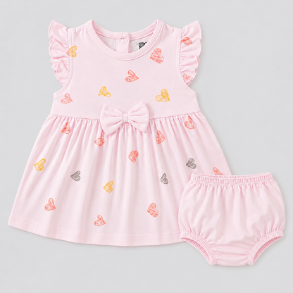 PixyBoo Heart Print Baby Girls Frock with Bloomer Set | 100% Cotton Interlock | Soft Dress | 0-24 Months