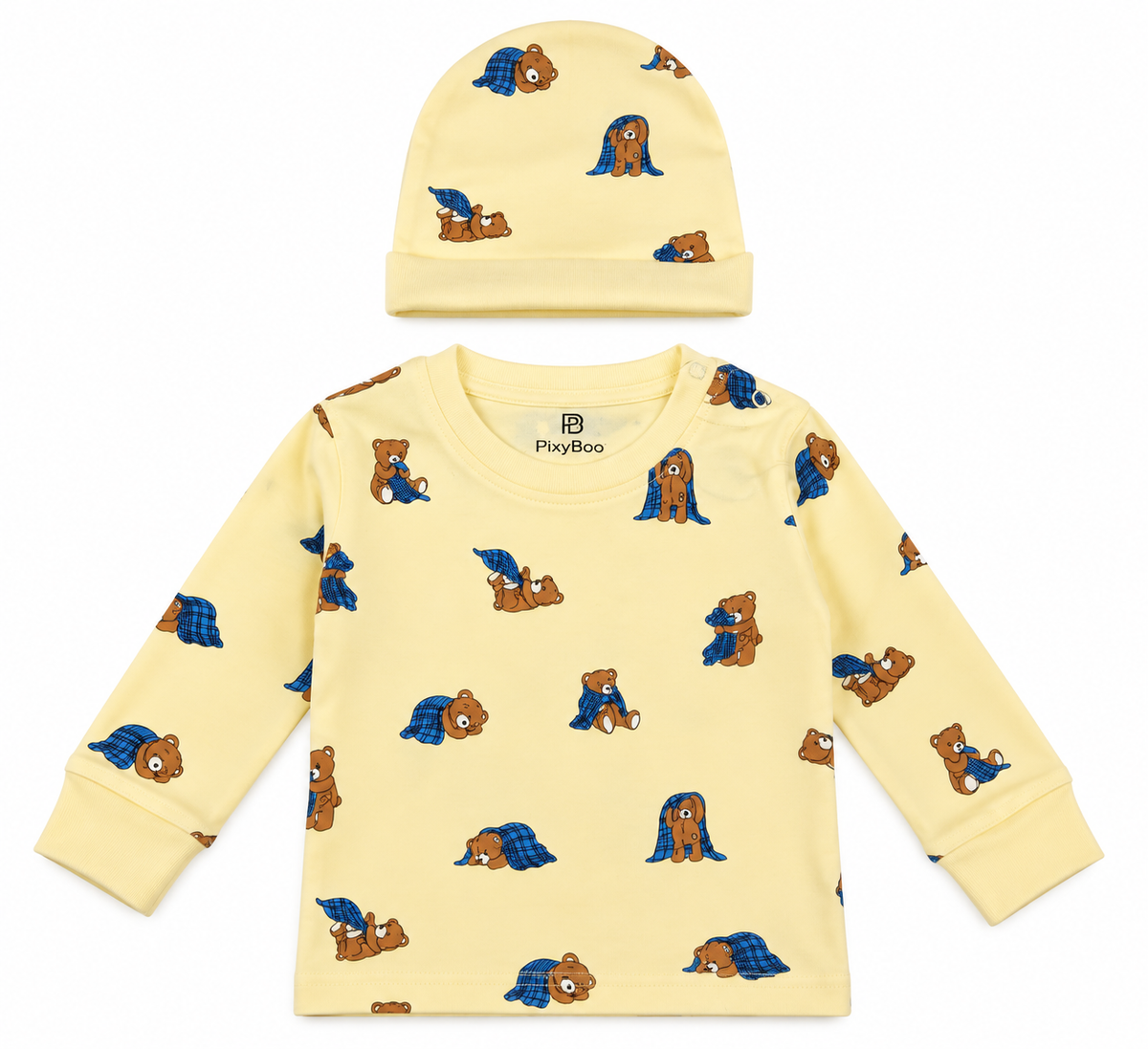 PixyBoo Baby Yellow Teddy Bear Print Full Sleeve Top, Pants & Cap Set – 3 Months to 2 Years