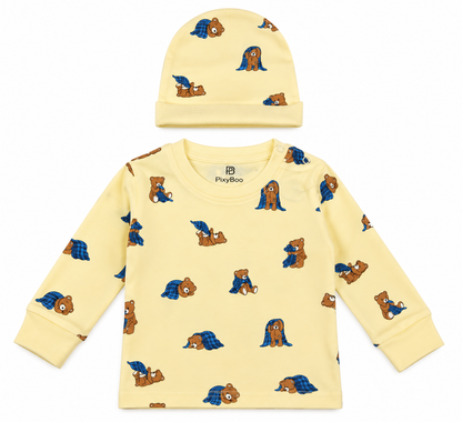 PixyBoo Baby Yellow Teddy Bear Print Full Sleeve Top, Pants & Cap Set – 3 Months to 2 Years