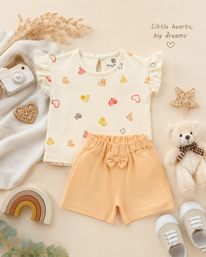 PixyBoo Heart Print Baby Girls Co-ord Set | Cotton Interlock Top & Shorts | 0-24 Months