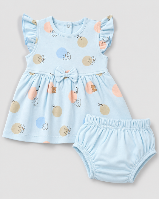 PixyBoo Balloon Print Baby Girls Frock with Bloomer Set | 100% Cotton Interlock Dress | 0-24 Months
