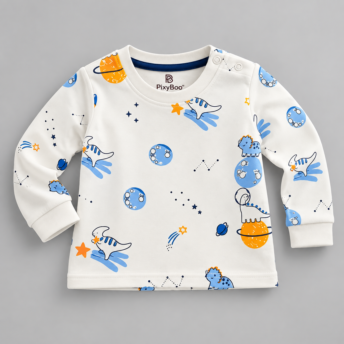 PixyBoo Baby Space Print Full Sleeve Top, Blue Pants & Cap Set – 3 Months to 2 Years