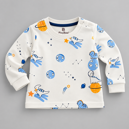 PixyBoo Baby Space Print Full Sleeve Top, Blue Pants & Cap Set – 3 Months to 2 Years