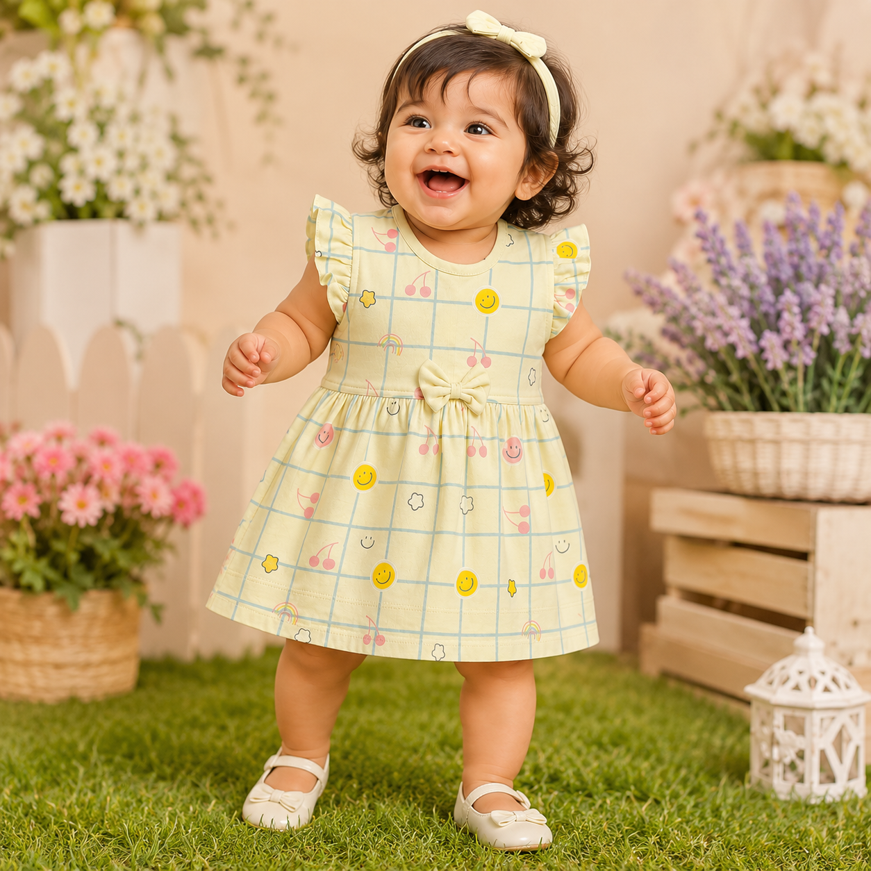 PixyBoo Smiley Grid Print Baby Girls Frock with Bloomer Set | 100% Cotton Interlock | 0-24 Months