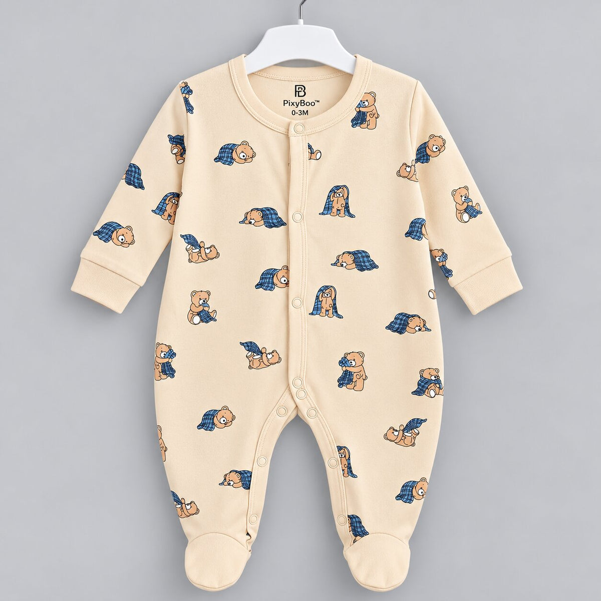 PixyBoo Cream Teddy Bear Printed Full Sleeve Footed Sleepsuit