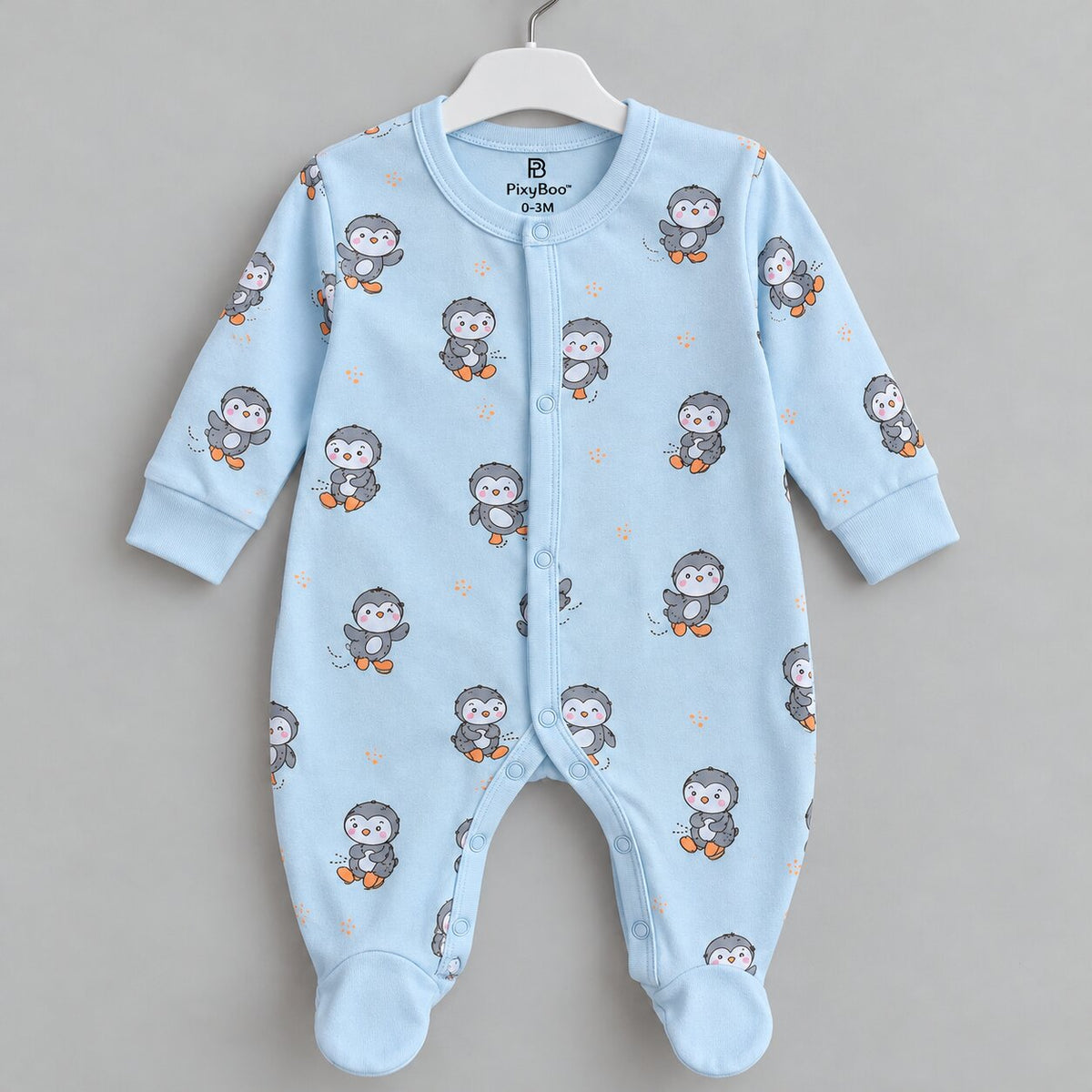 PixyBoo Powder Blue Penguin Printed Full Sleeve Footed Sleepsuit