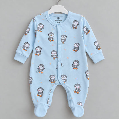 PixyBoo Powder Blue Penguin Printed Full Sleeve Footed Sleepsuit