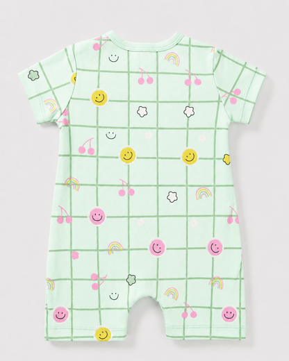 PixyBoo Smiley Grid Print Baby Romper | 100% Cotton Interlock | Half Sleeve Onesie | 0-12 Months
