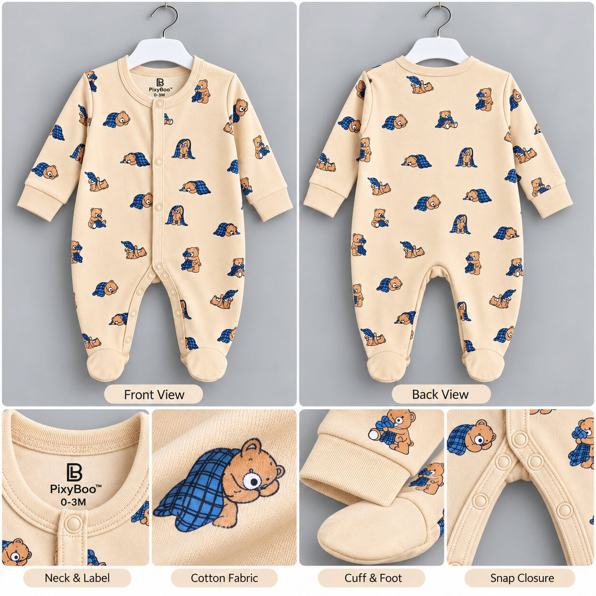 PixyBoo Cream Teddy Bear Printed Full Sleeve Footed Sleepsuit