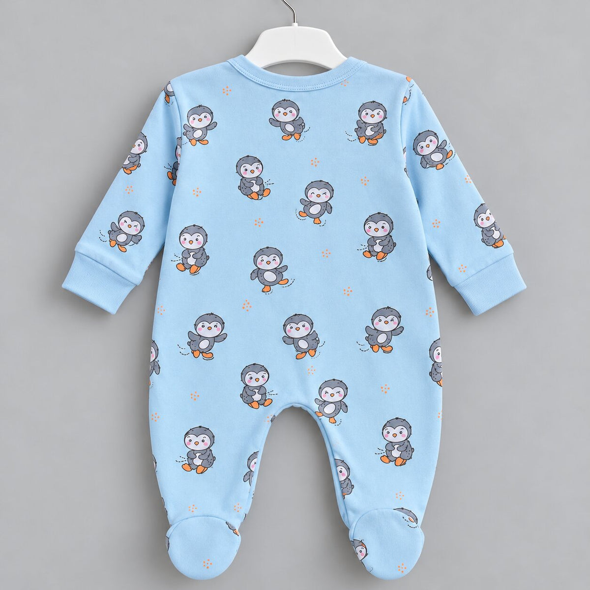 PixyBoo Powder Blue Penguin Printed Full Sleeve Footed Sleepsuit